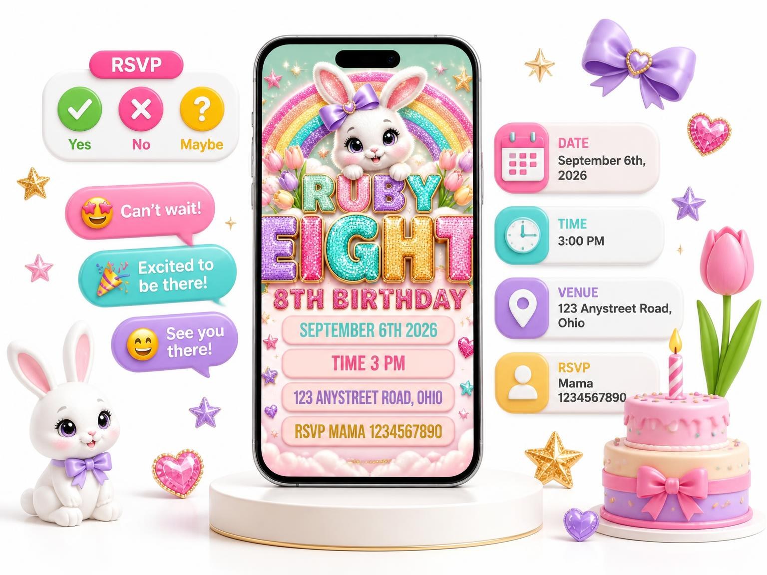 The Glitter Sparkle Bunny 8th Birthday Invitation invitation on a phone, with guest RSVPs arriving around it