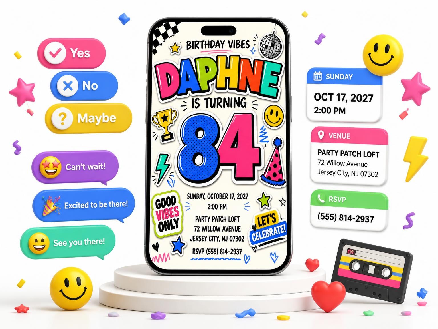 The Sticker Pop 84th Birthday Invitation invitation on a phone, with guest RSVPs arriving around it