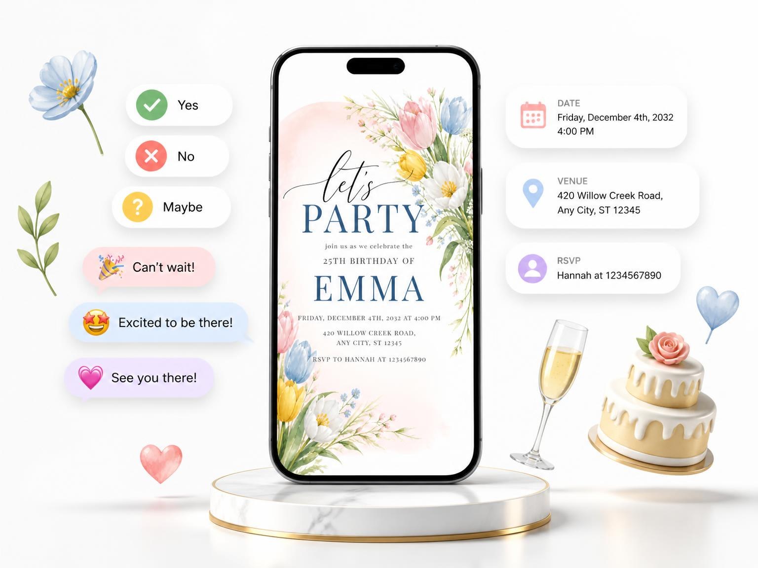The Spring Tulip Bouquet 25th Birthday Invitation invitation on a phone, with guest RSVPs arriving around it