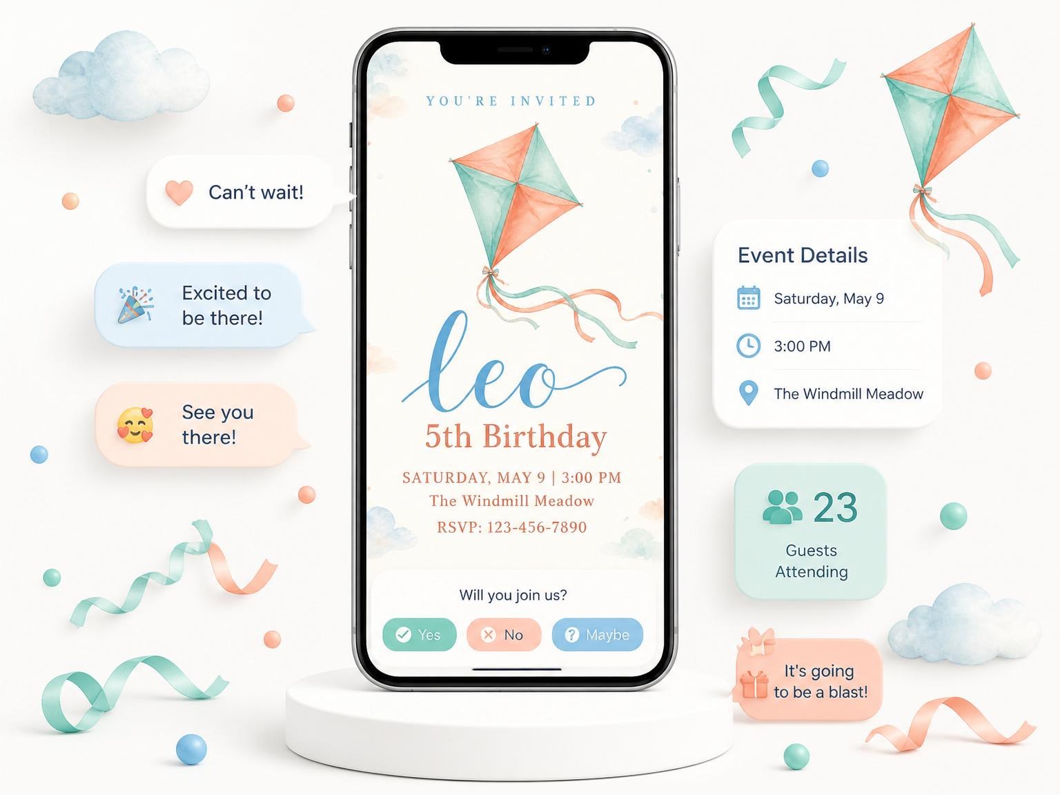 The Peach and Blue Kite 5th Birthday invitation on a phone, with guest RSVPs arriving around it