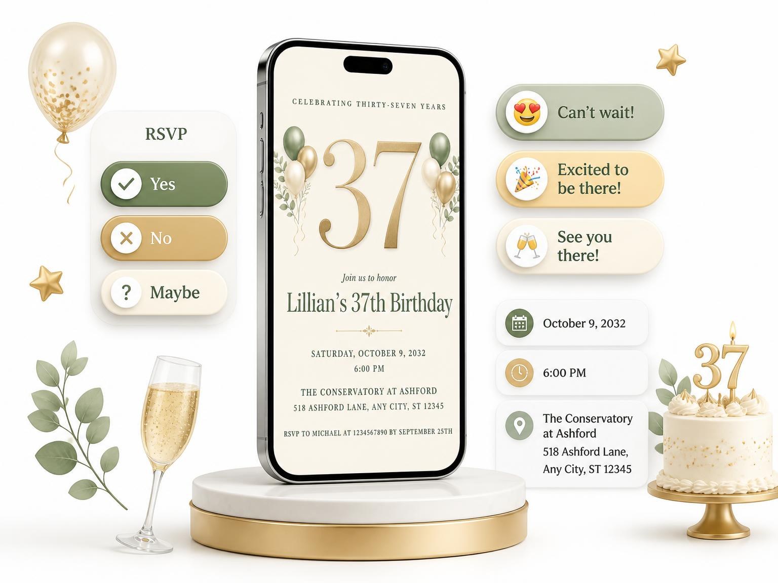 The Sage and Ivory 37th Birthday Invitation invitation on a phone, with guest RSVPs arriving around it