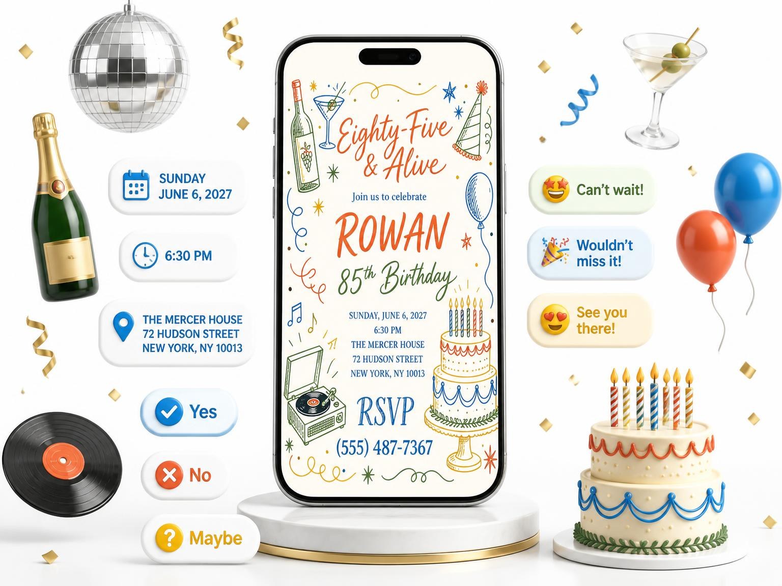 The Retro Doodle 85th Birthday Invitation invitation on a phone, with guest RSVPs arriving around it