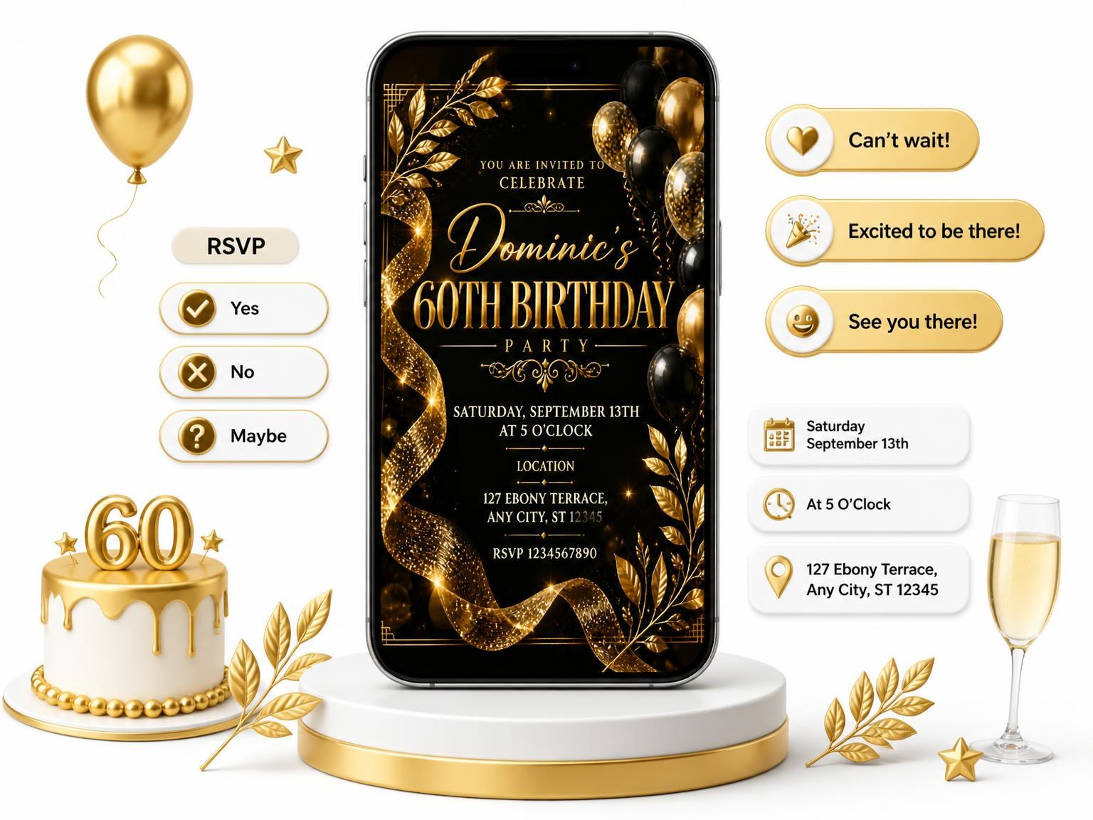 The Black and Gold 60th Birthday Invitation invitation on a phone, with guest RSVPs arriving around it