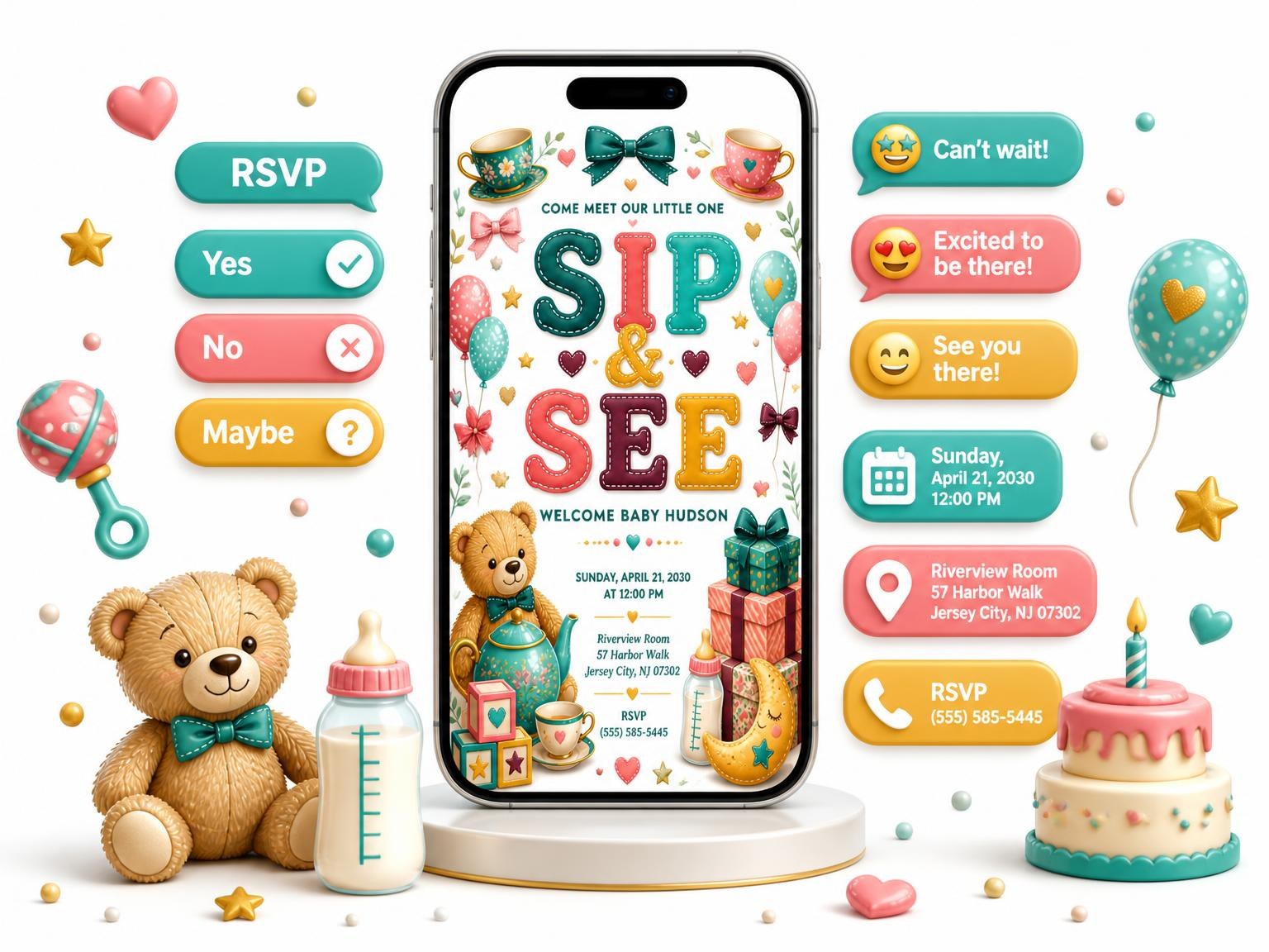 The Teacups Saucer Sip and See Invitation invitation on a phone, with guest RSVPs arriving around it