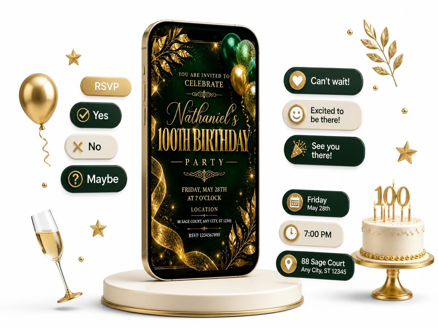 The Emerald and Champagne 100th Birthday Invitation invitation on a phone, with guest RSVPs arriving around it