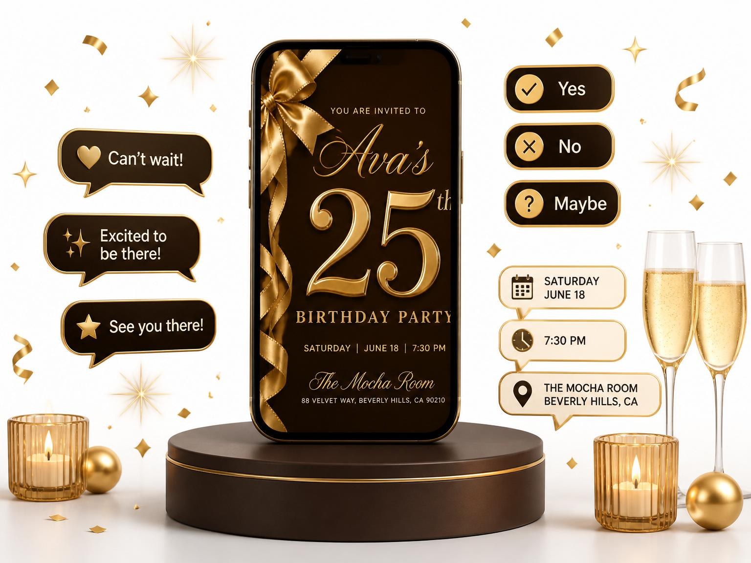 The Mocha and Gold Ribbon 25th Birthday invitation on a phone, with guest RSVPs arriving around it