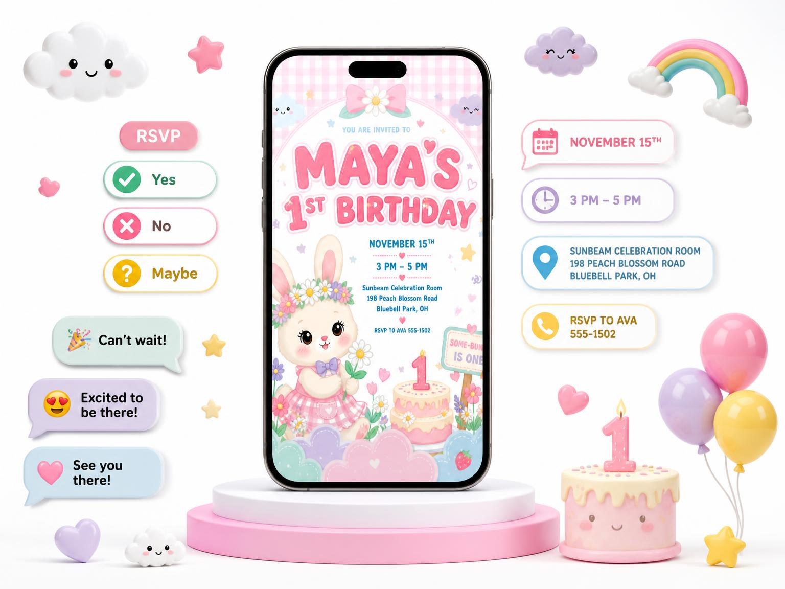 The Kawaii Bunny Garden 1st Birthday Invitation invitation on a phone, with guest RSVPs arriving around it
