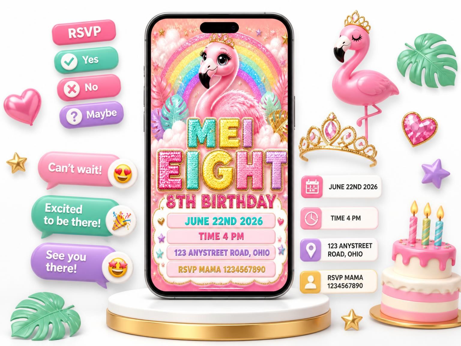 The Glitter Flamingo 8th Birthday Invitation invitation on a phone, with guest RSVPs arriving around it