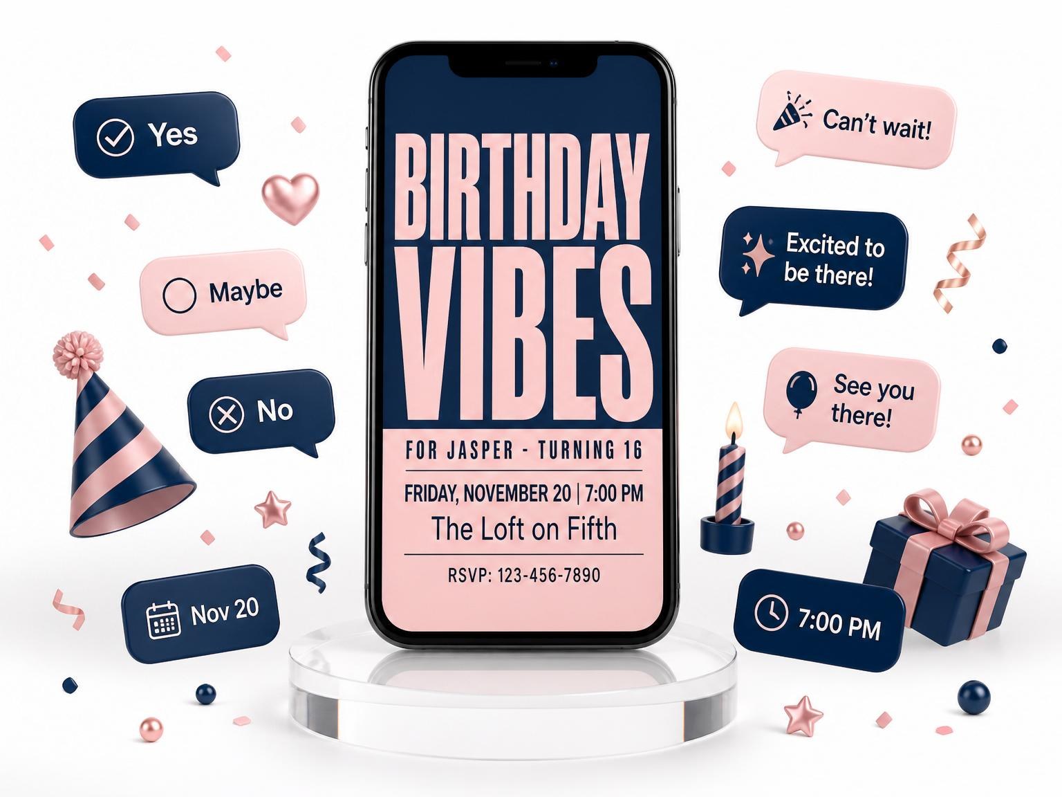 The Navy and Blush Typographic 16th Birthday invitation on a phone, with guest RSVPs arriving around it