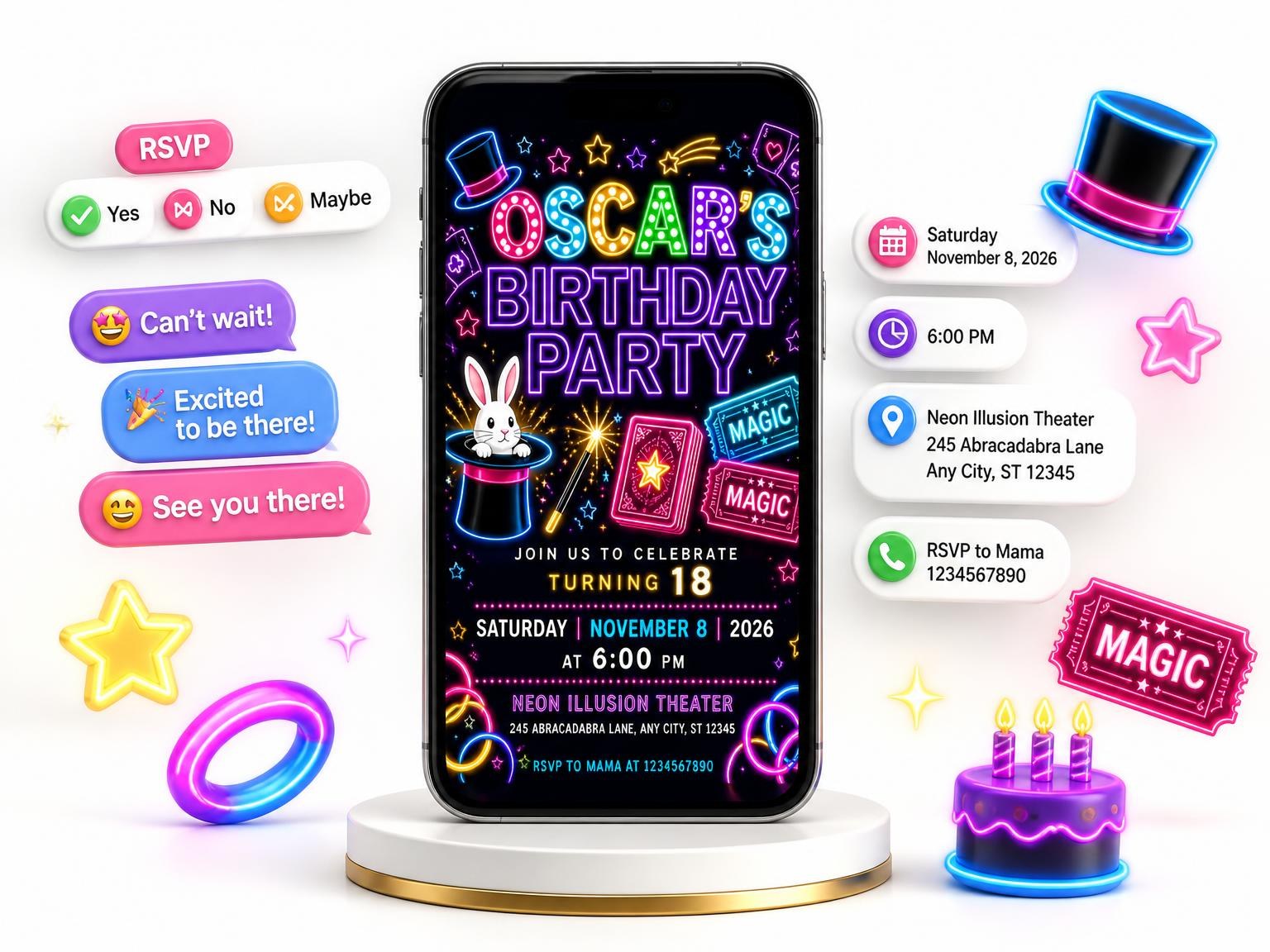 The Neon Magic Show 18th Birthday Invitation invitation on a phone, with guest RSVPs arriving around it