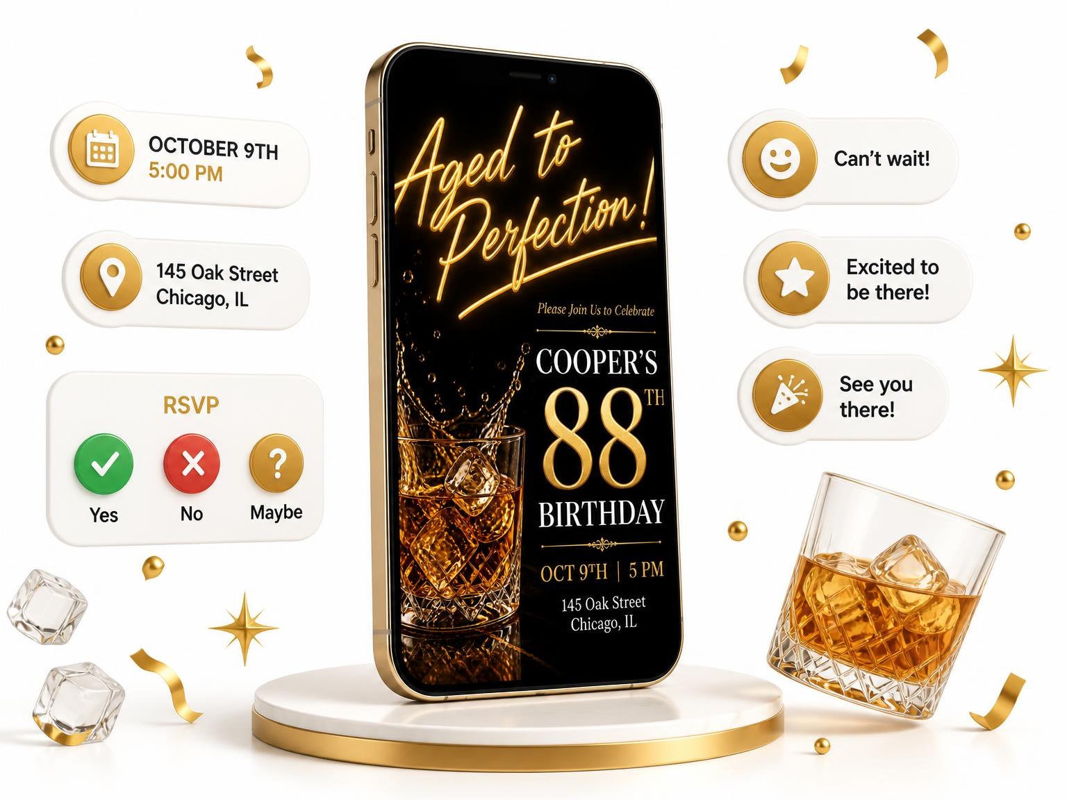 The Whiskey Glass 88th Birthday Invitation invitation on a phone, with guest RSVPs arriving around it