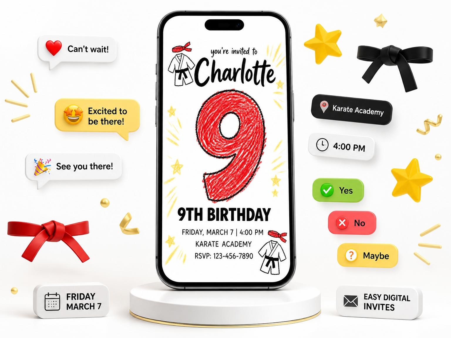 The Crayon Karate Gi 9th Birthday invitation on a phone, with guest RSVPs arriving around it