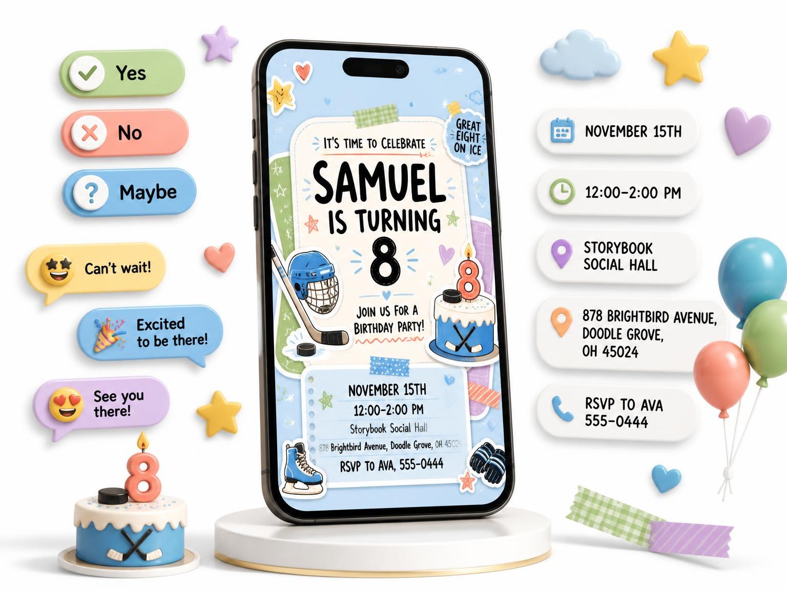 The Pastel Ice Hockey 8th Birthday Invitation invitation on a phone, with guest RSVPs arriving around it