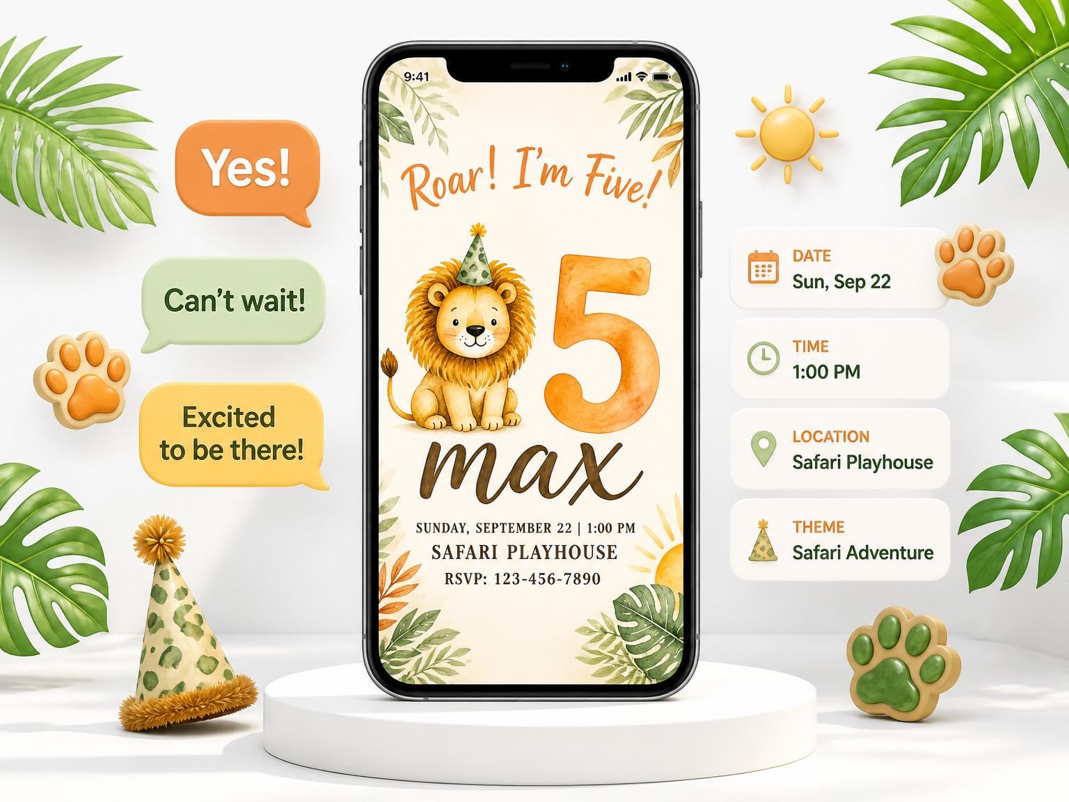 The Watercolor Lion Safari 5th Birthday invitation on a phone, with guest RSVPs arriving around it