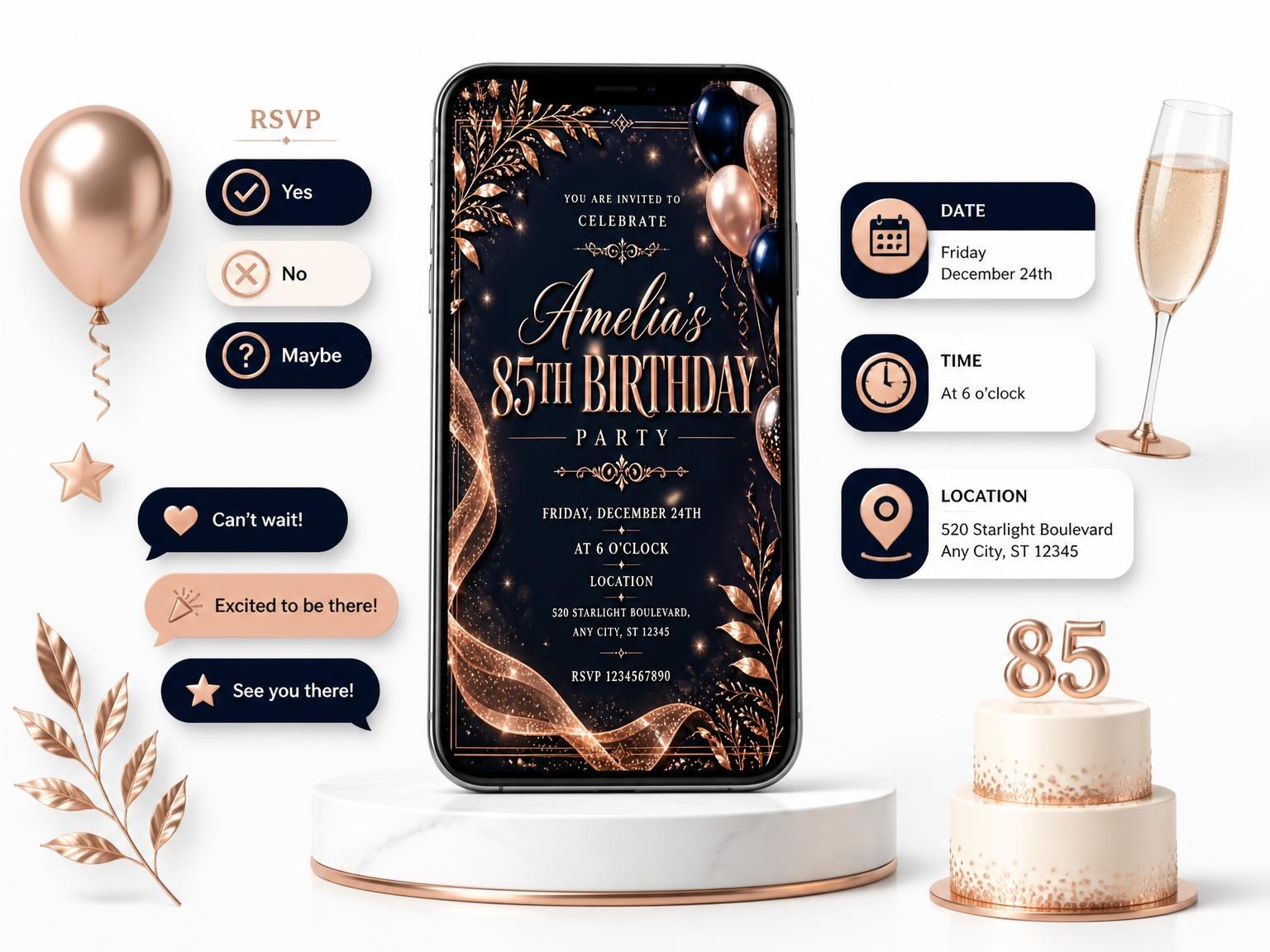 The Navy and Rose Gold 85th Birthday Invitation invitation on a phone, with guest RSVPs arriving around it