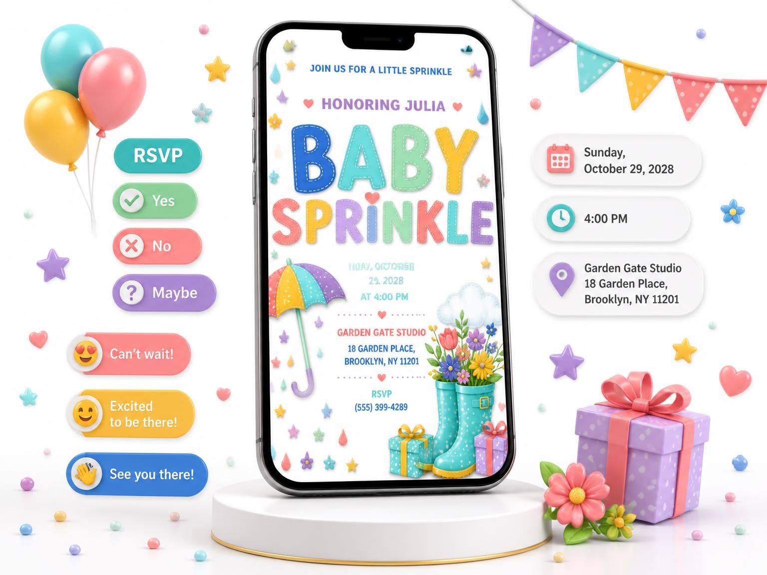 The Polka Dot Baby Sprinkle Invitation invitation on a phone, with guest RSVPs arriving around it