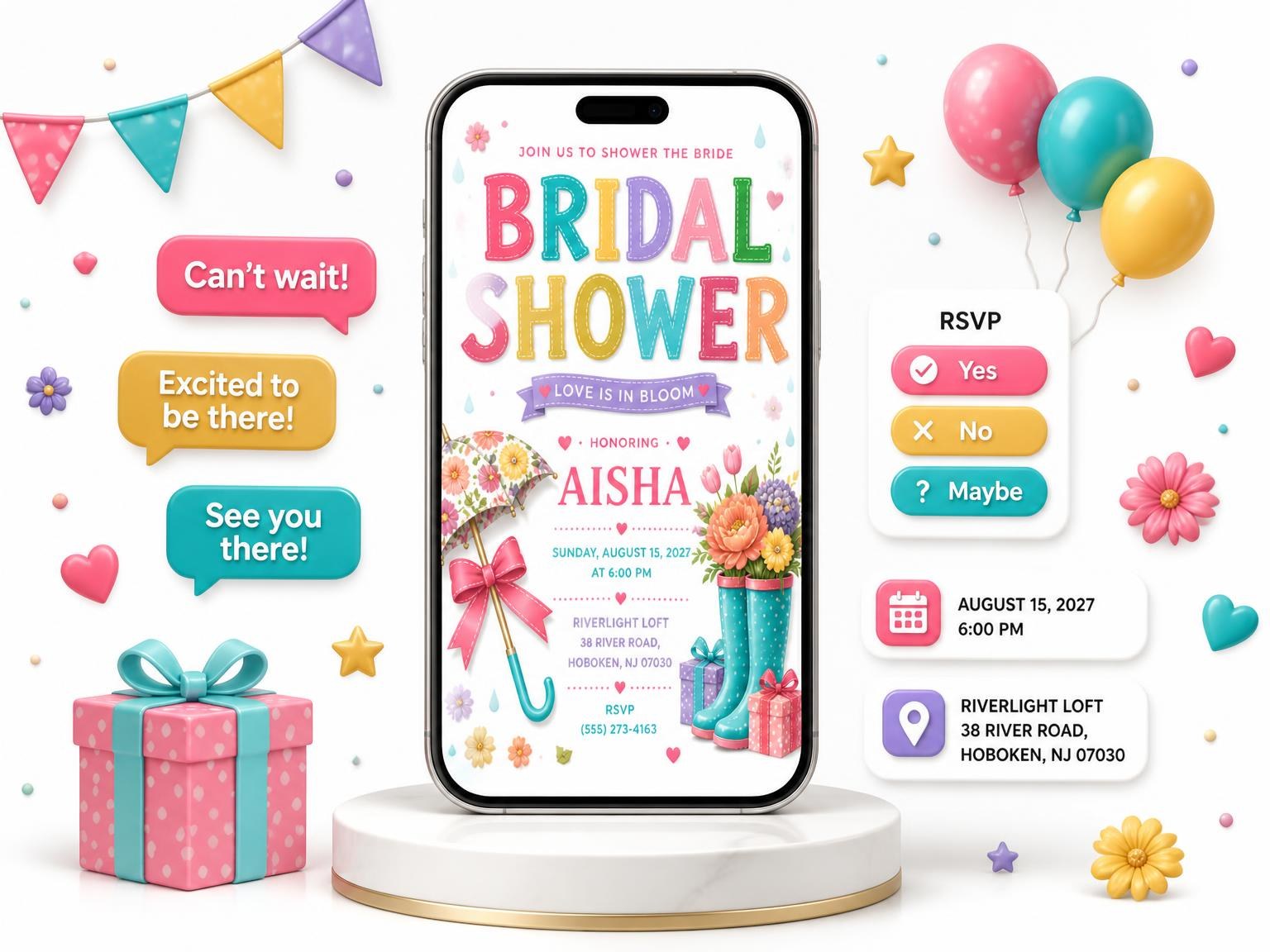 The Floral Umbrella Bridal Shower Invitation invitation on a phone, with guest RSVPs arriving around it