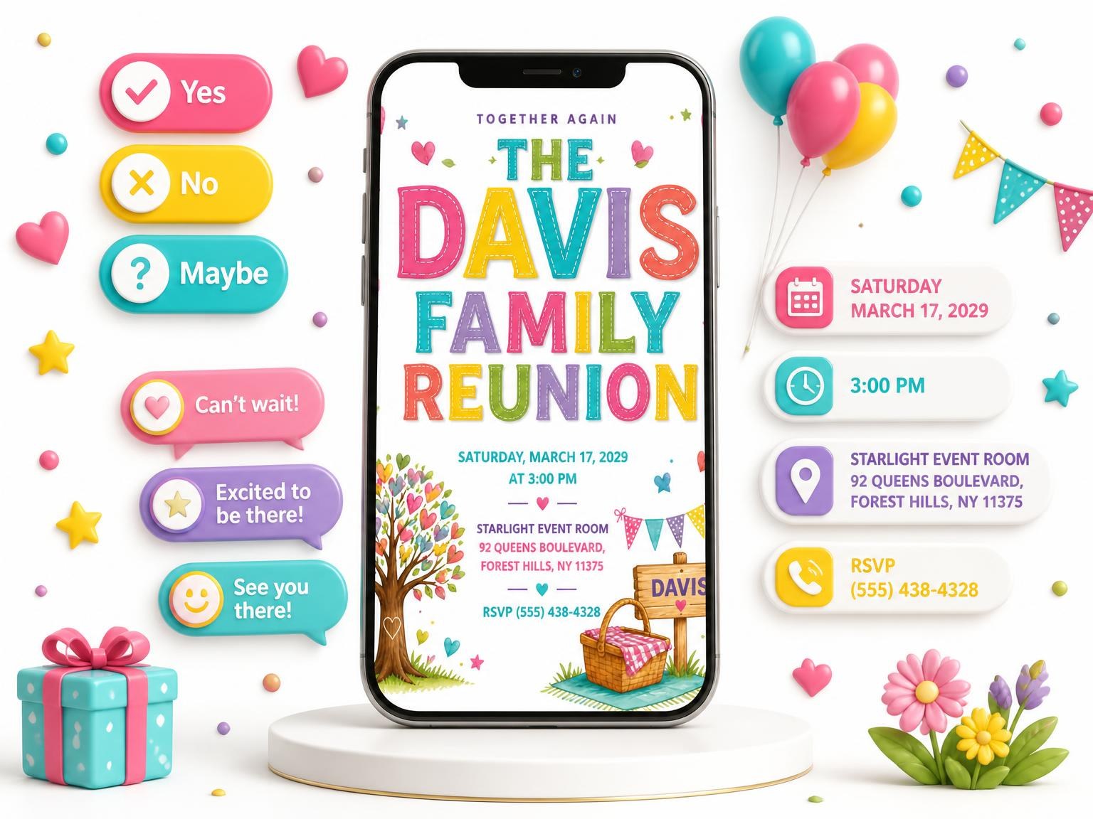 The Family Tree Reunion Invitation invitation on a phone, with guest RSVPs arriving around it