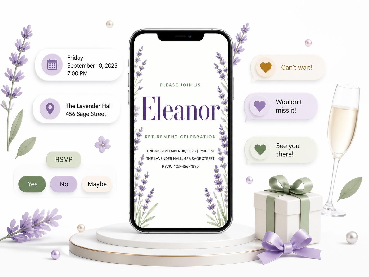The Lavender Retirement Celebration Invitation invitation on a phone, with guest RSVPs arriving around it