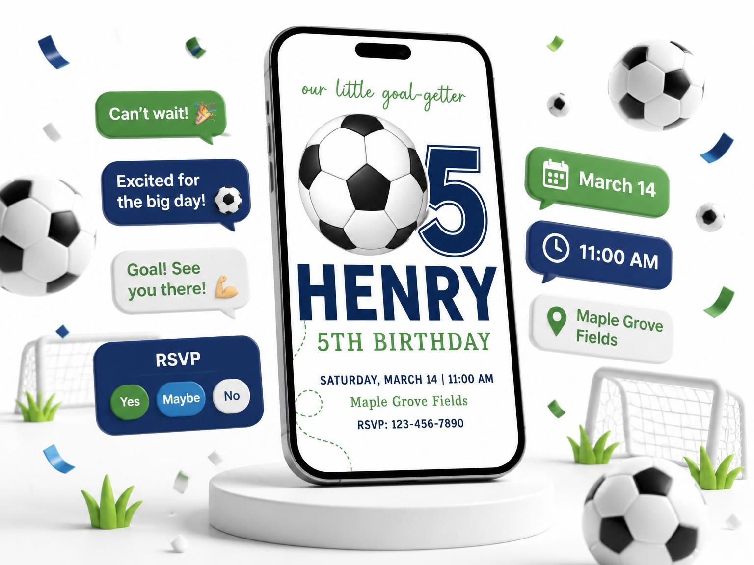 The Navy Soccer Ball 5th Birthday invitation on a phone, with guest RSVPs arriving around it