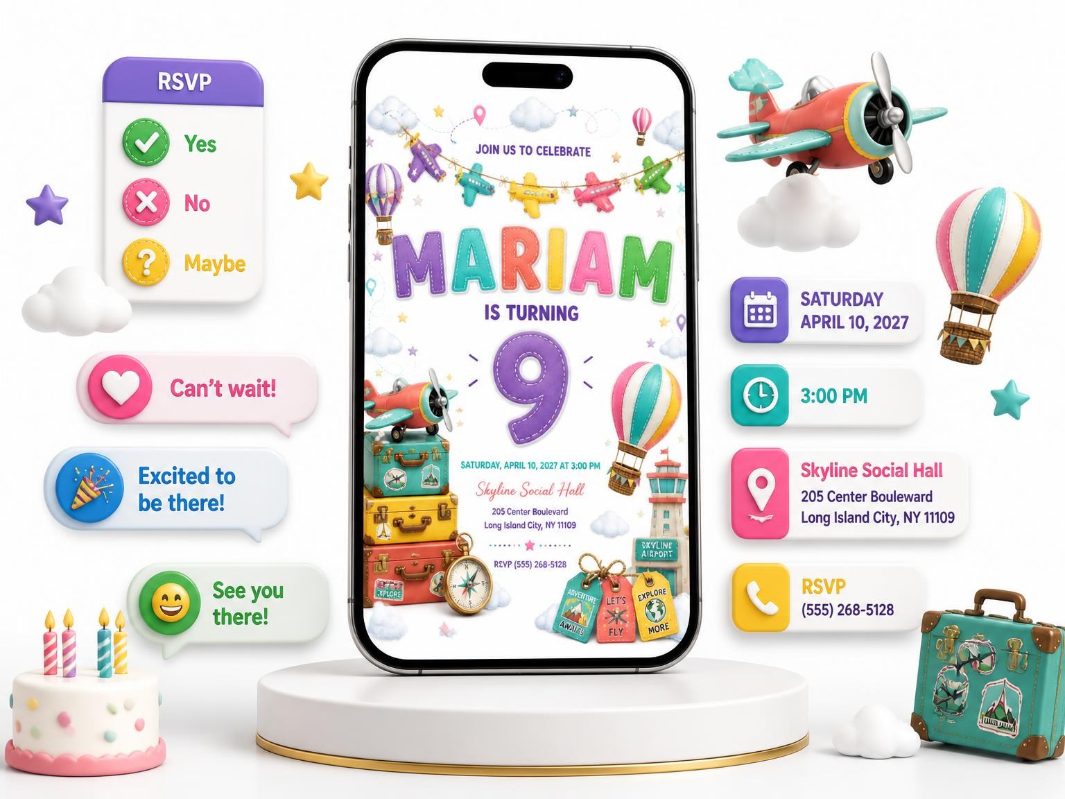 The Stitched Up and Away 9th Birthday Invitation invitation on a phone, with guest RSVPs arriving around it