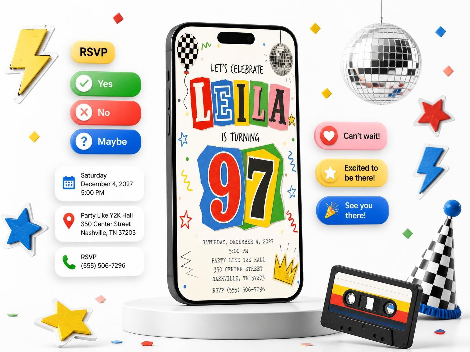 The Retro Paper Collage 97th Birthday Invitation invitation on a phone, with guest RSVPs arriving around it