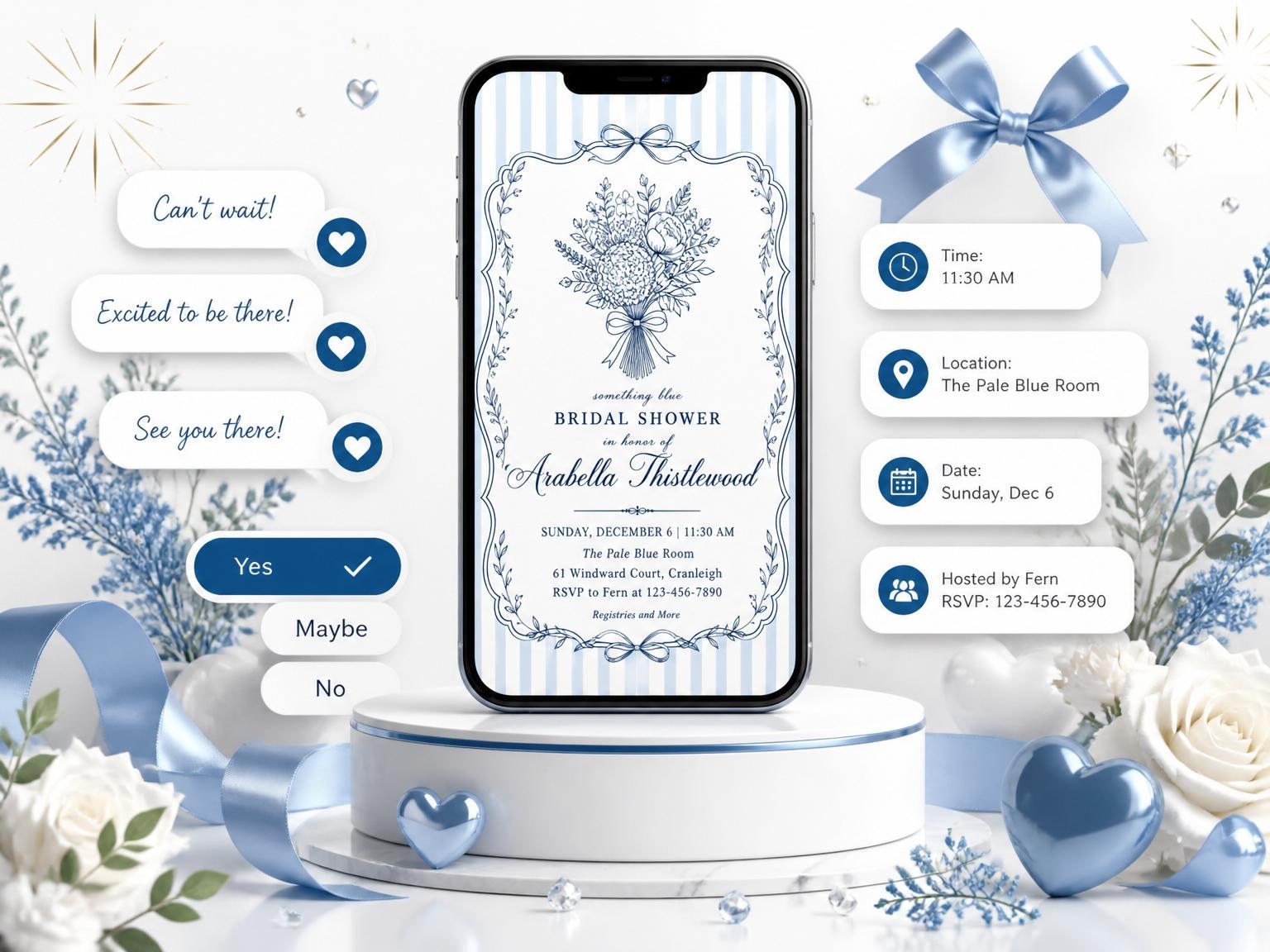 The Navy Blue Botanical Bridal Shower invitation on a phone, with guest RSVPs arriving around it