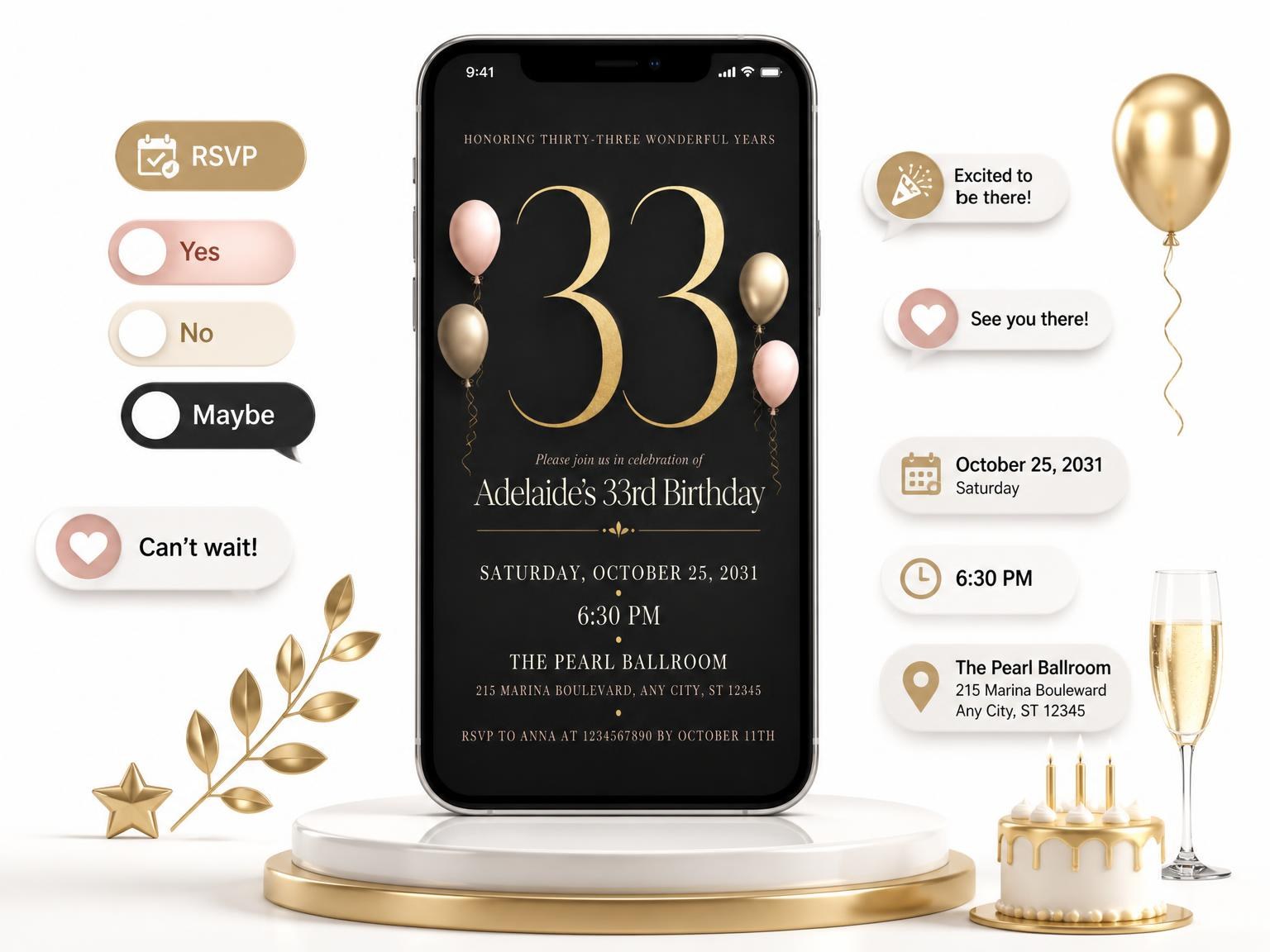 The Charcoal and Blush 33rd Birthday Invitation invitation on a phone, with guest RSVPs arriving around it