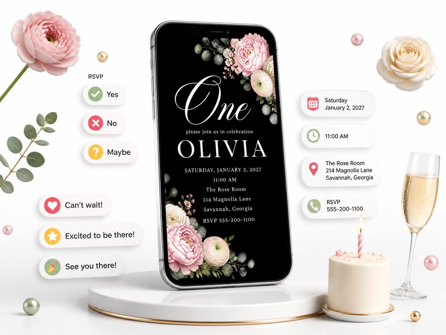 The Black Floral 1st Birthday Invitation invitation on a phone, with guest RSVPs arriving around it