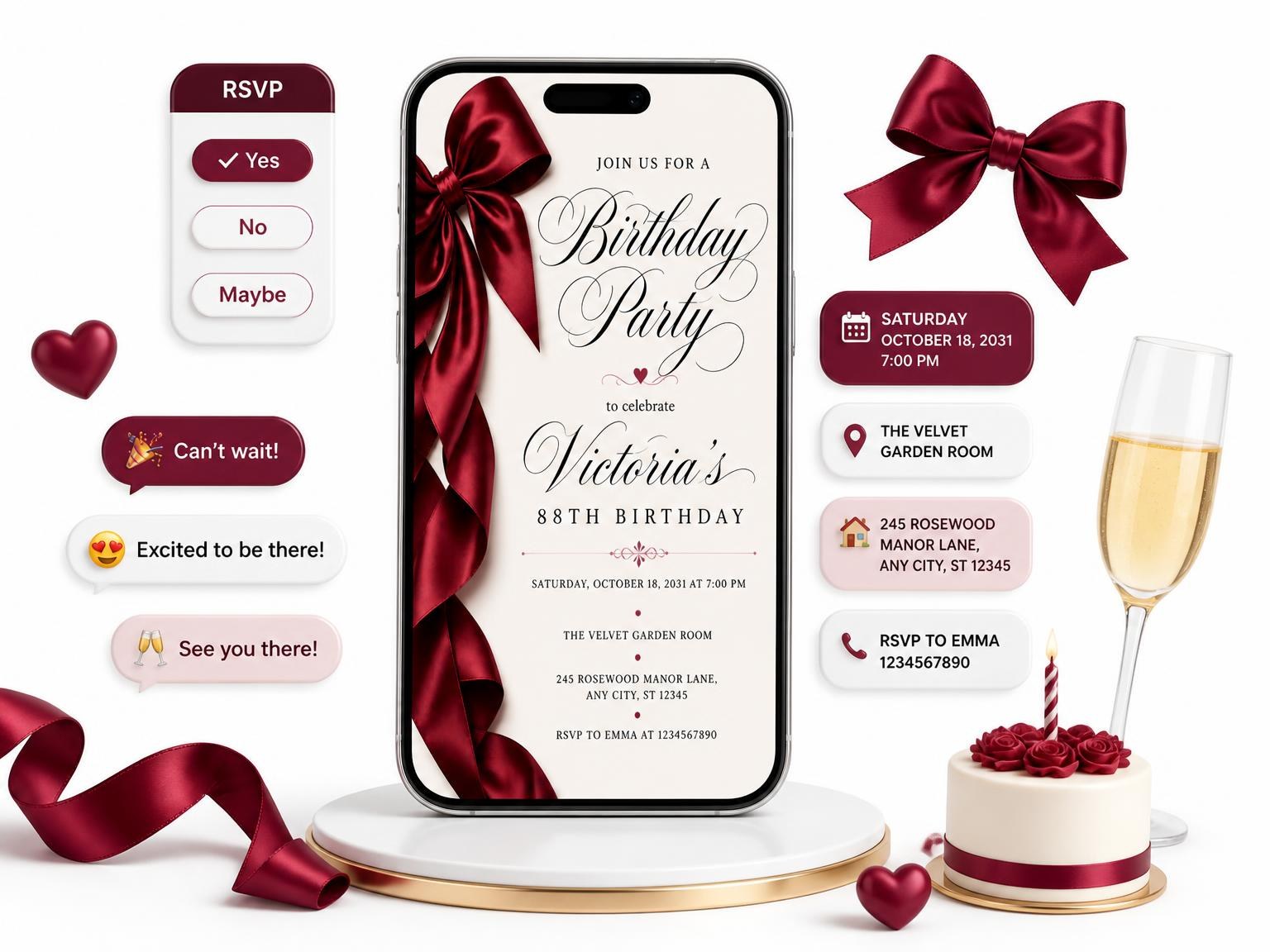 The Burgundy Satin Bow 88th Birthday Invitation invitation on a phone, with guest RSVPs arriving around it