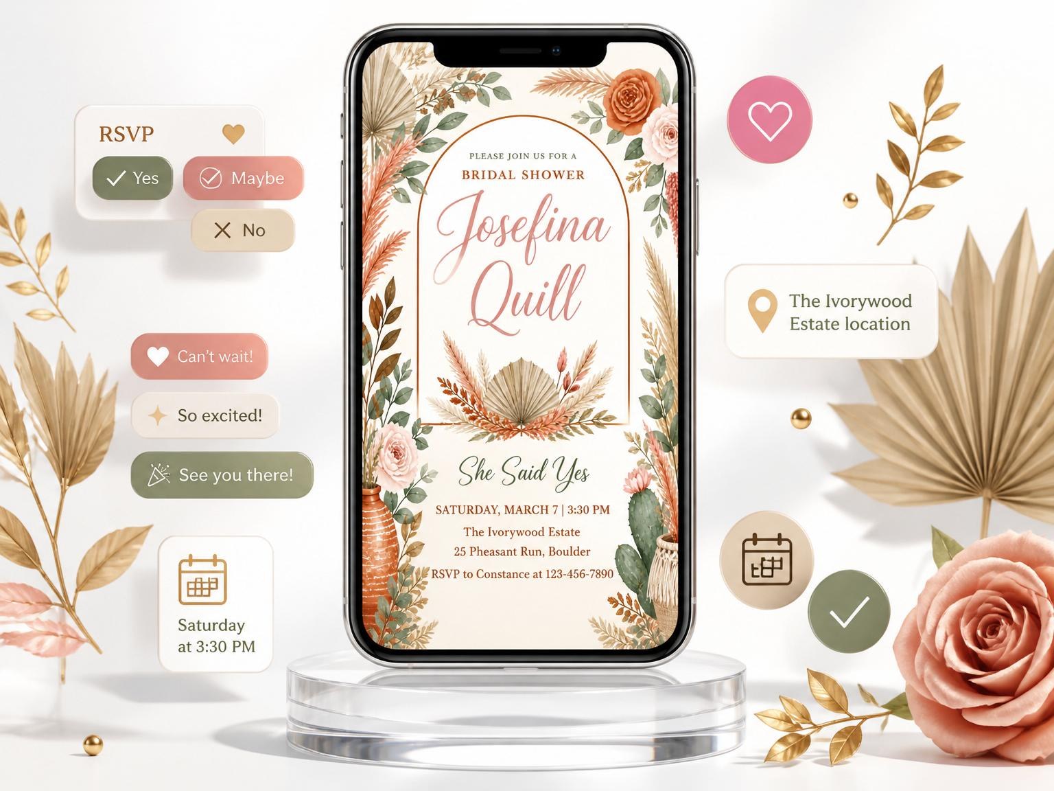 The Terracotta Pampas Grass Bridal Shower invitation on a phone, with guest RSVPs arriving around it
