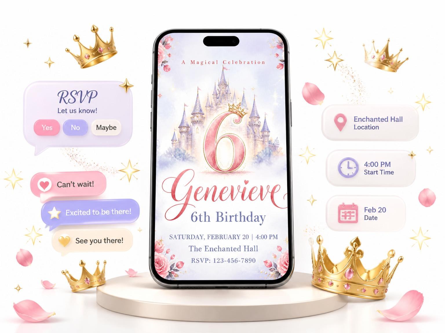 The Watercolor Pastel Castle 6th Birthday invitation on a phone, with guest RSVPs arriving around it