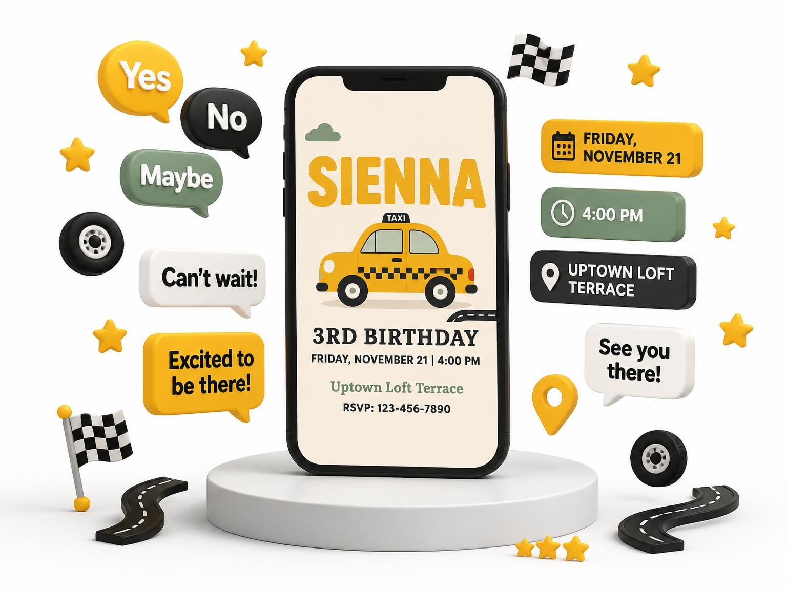 The Yellow Taxi Cab 3rd Birthday invitation on a phone, with guest RSVPs arriving around it