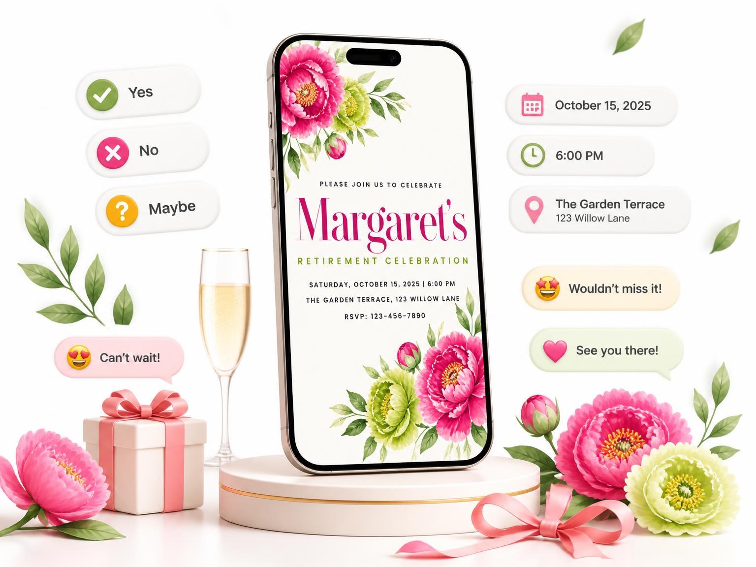 The Peony Floral Retirement Celebration Invitation invitation on a phone, with guest RSVPs arriving around it