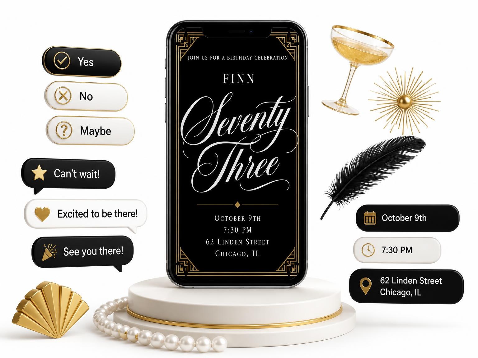 The Art Deco 73rd Birthday Invitation invitation on a phone, with guest RSVPs arriving around it