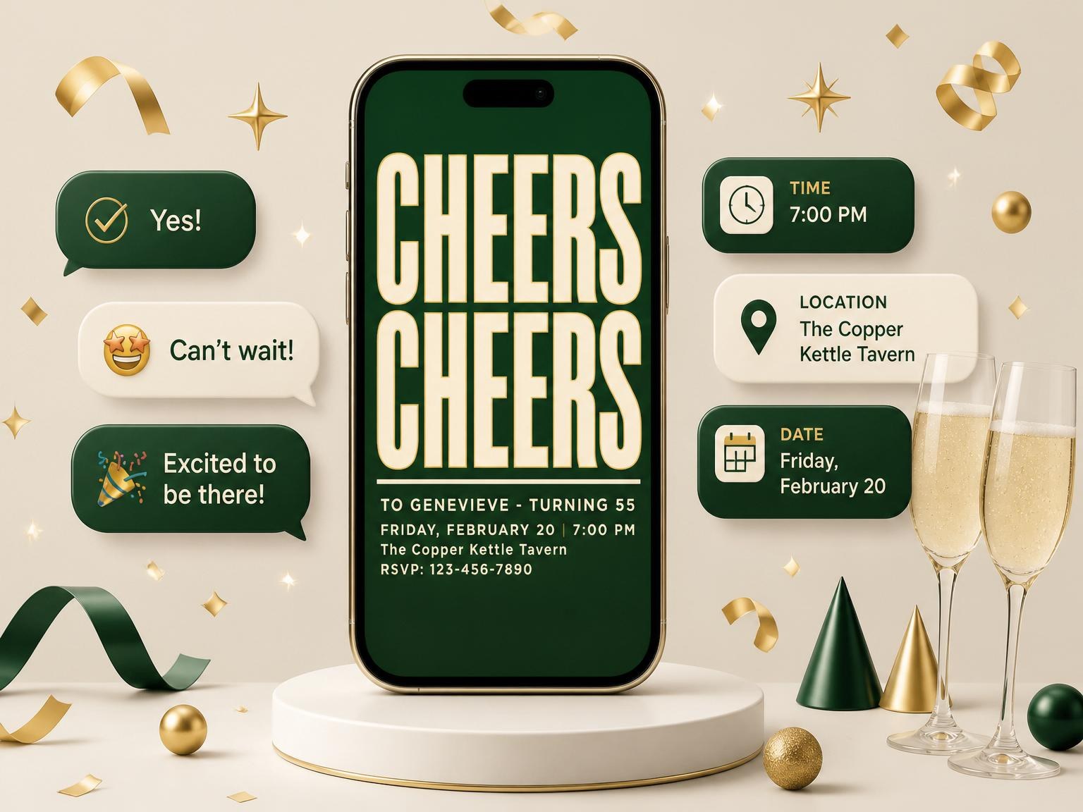 The Forest Green Block Typography 55th Birthday invitation on a phone, with guest RSVPs arriving around it