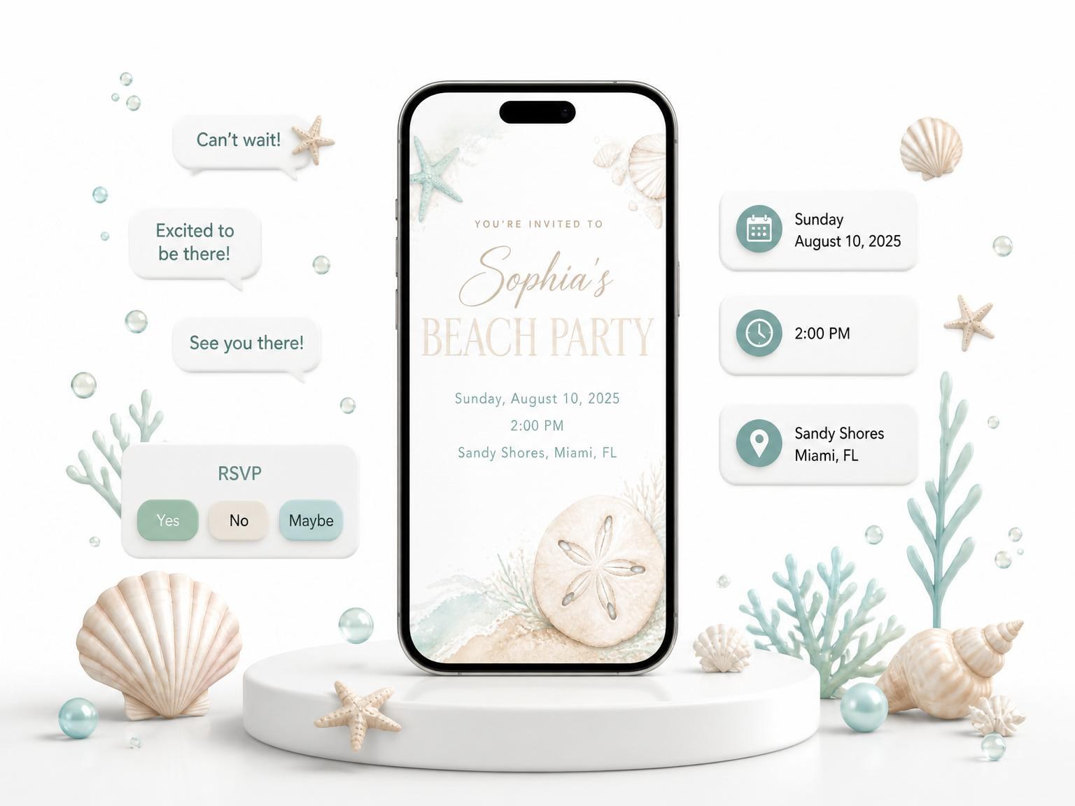 The Watercolor Starfish Shell Beach Party invitation on a phone, with guest RSVPs arriving around it