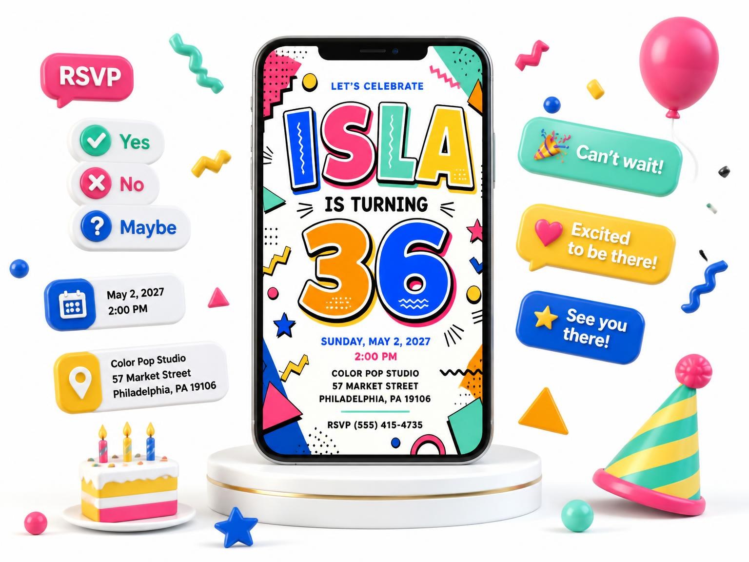 The Memphis Pop 36th Birthday Invitation invitation on a phone, with guest RSVPs arriving around it