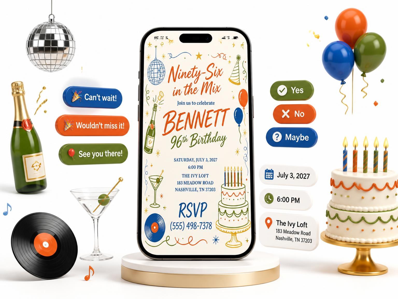 The Retro Doodle 96th Birthday Invitation invitation on a phone, with guest RSVPs arriving around it