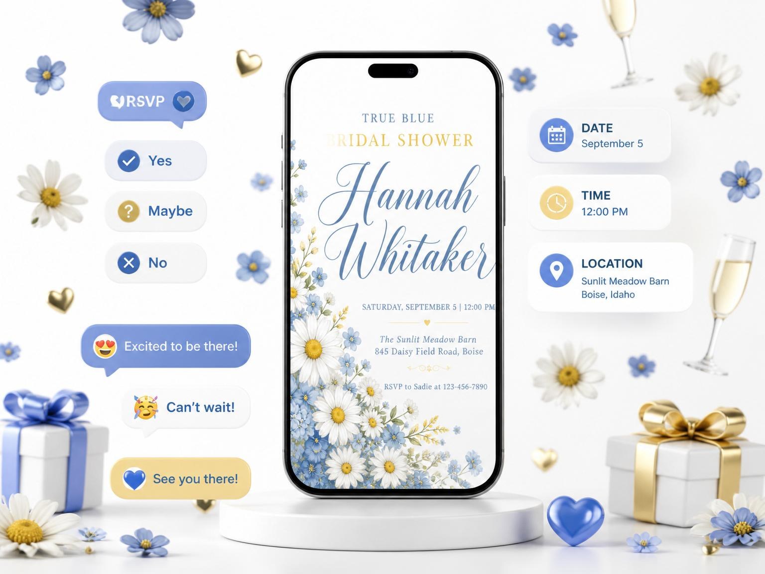 The Blue Daisy Watercolor Bridal Shower invitation on a phone, with guest RSVPs arriving around it