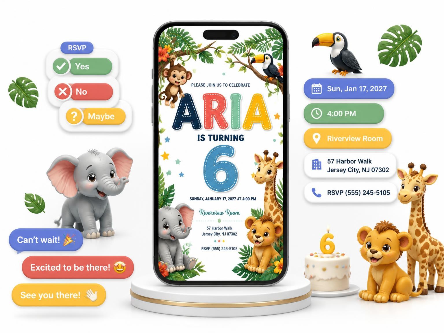 The Stitched Safari 6th Birthday Invitation invitation on a phone, with guest RSVPs arriving around it