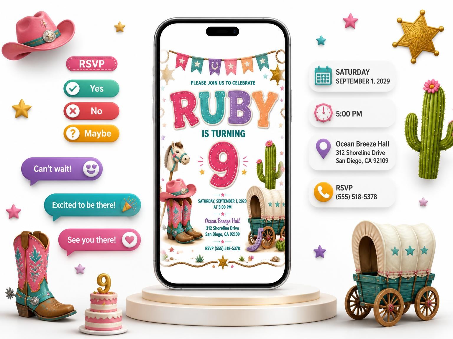 The Stitched Cowboy 9th Birthday Invitation invitation on a phone, with guest RSVPs arriving around it