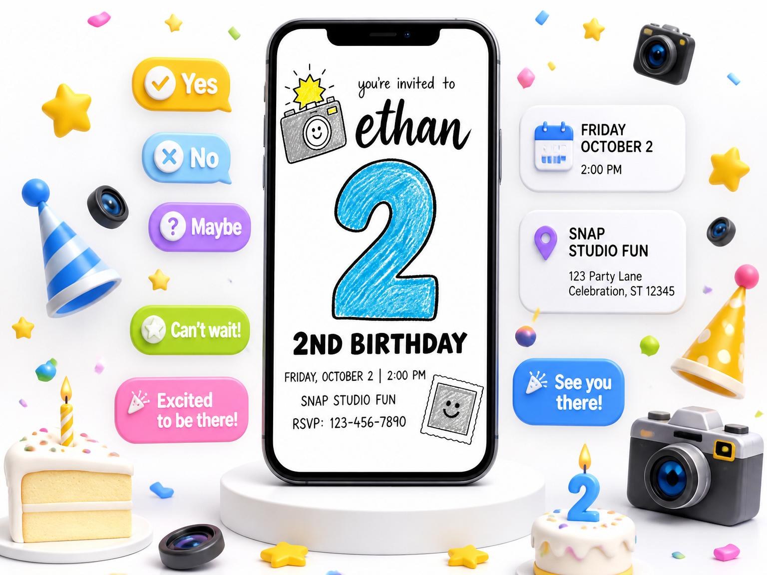 The Crayon Blue Camera 2nd Birthday invitation on a phone, with guest RSVPs arriving around it