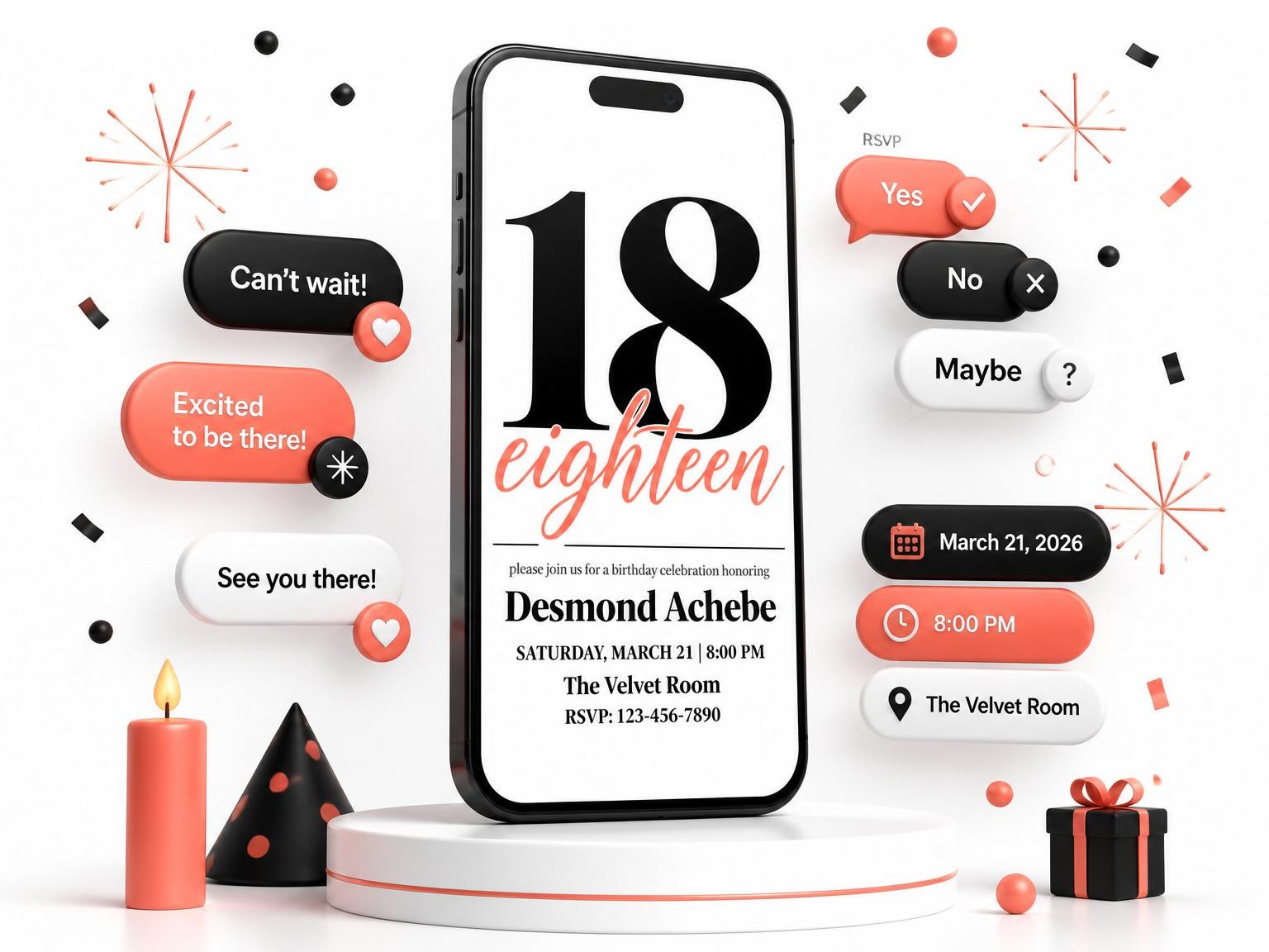 The Coral Charcoal Typographic 18th Birthday invitation on a phone, with guest RSVPs arriving around it