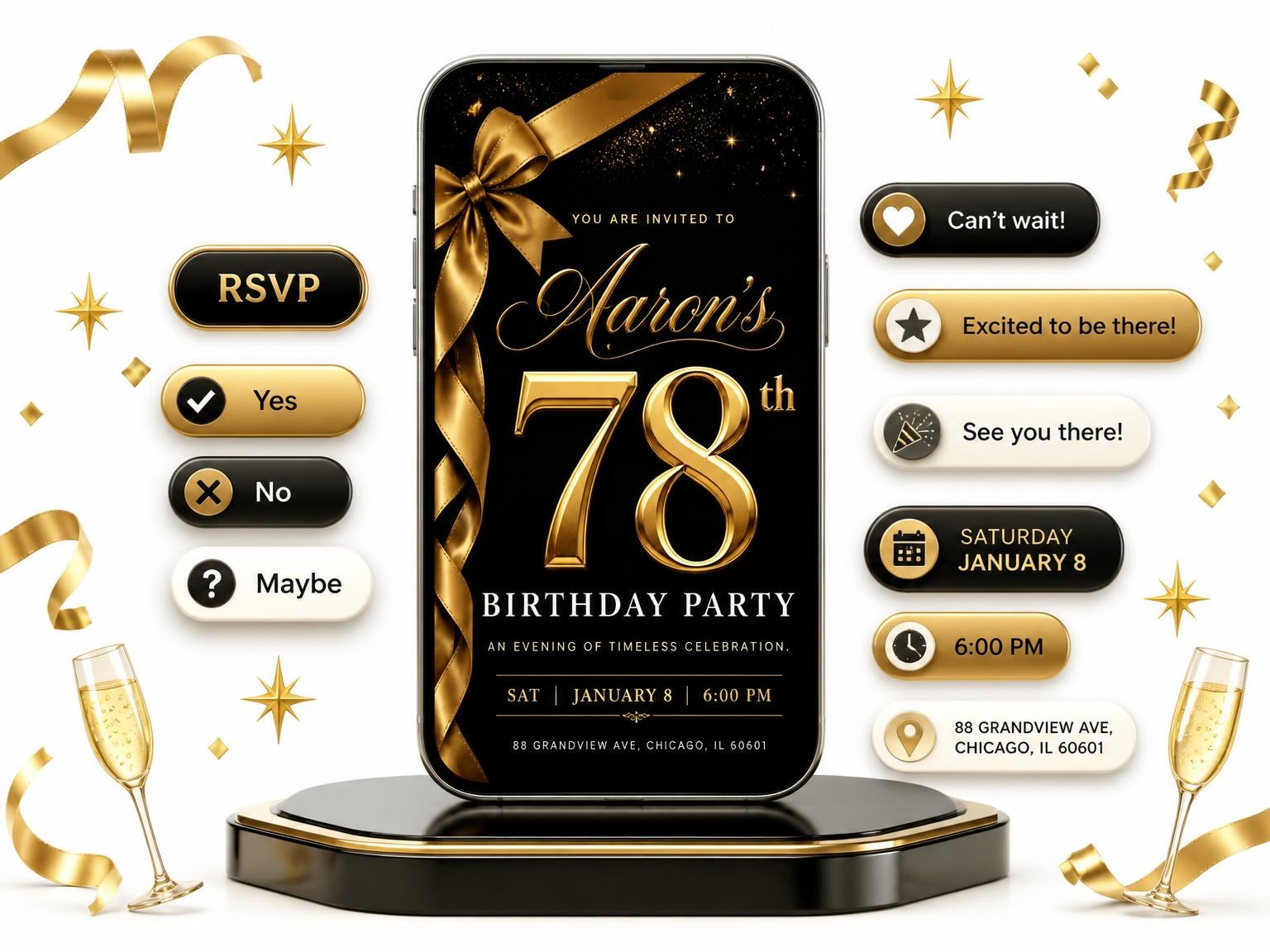 The Black and Gold Ribbon 78th Birthday invitation on a phone, with guest RSVPs arriving around it