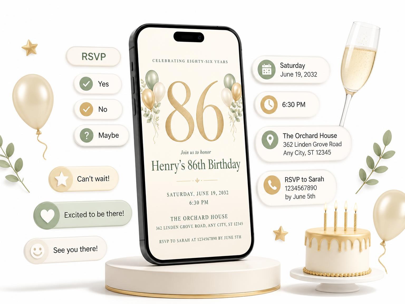 The Sage and Ivory 86th Birthday Invitation invitation on a phone, with guest RSVPs arriving around it