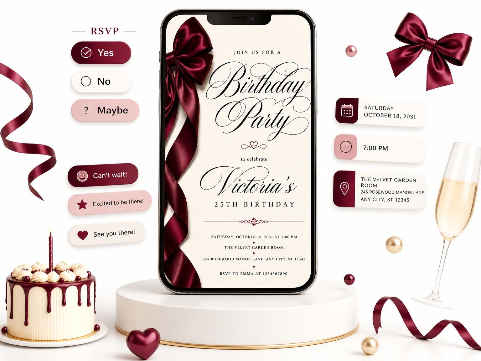The Burgundy Satin Bow 25th Birthday Invitation invitation on a phone, with guest RSVPs arriving around it
