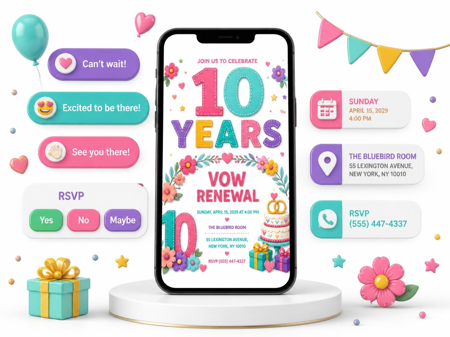 The Tiered Cake Vow Renewal Invitation invitation on a phone, with guest RSVPs arriving around it