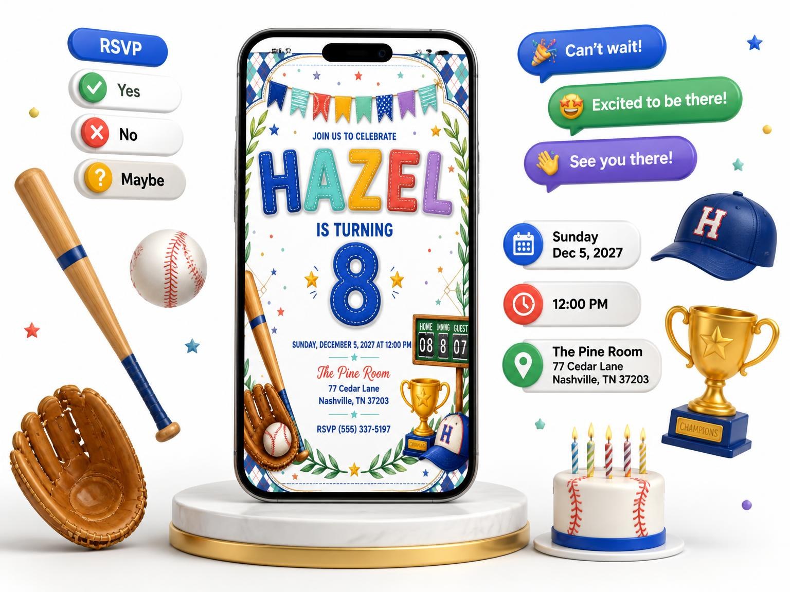 The Stitched Baseball 8th Birthday Invitation invitation on a phone, with guest RSVPs arriving around it