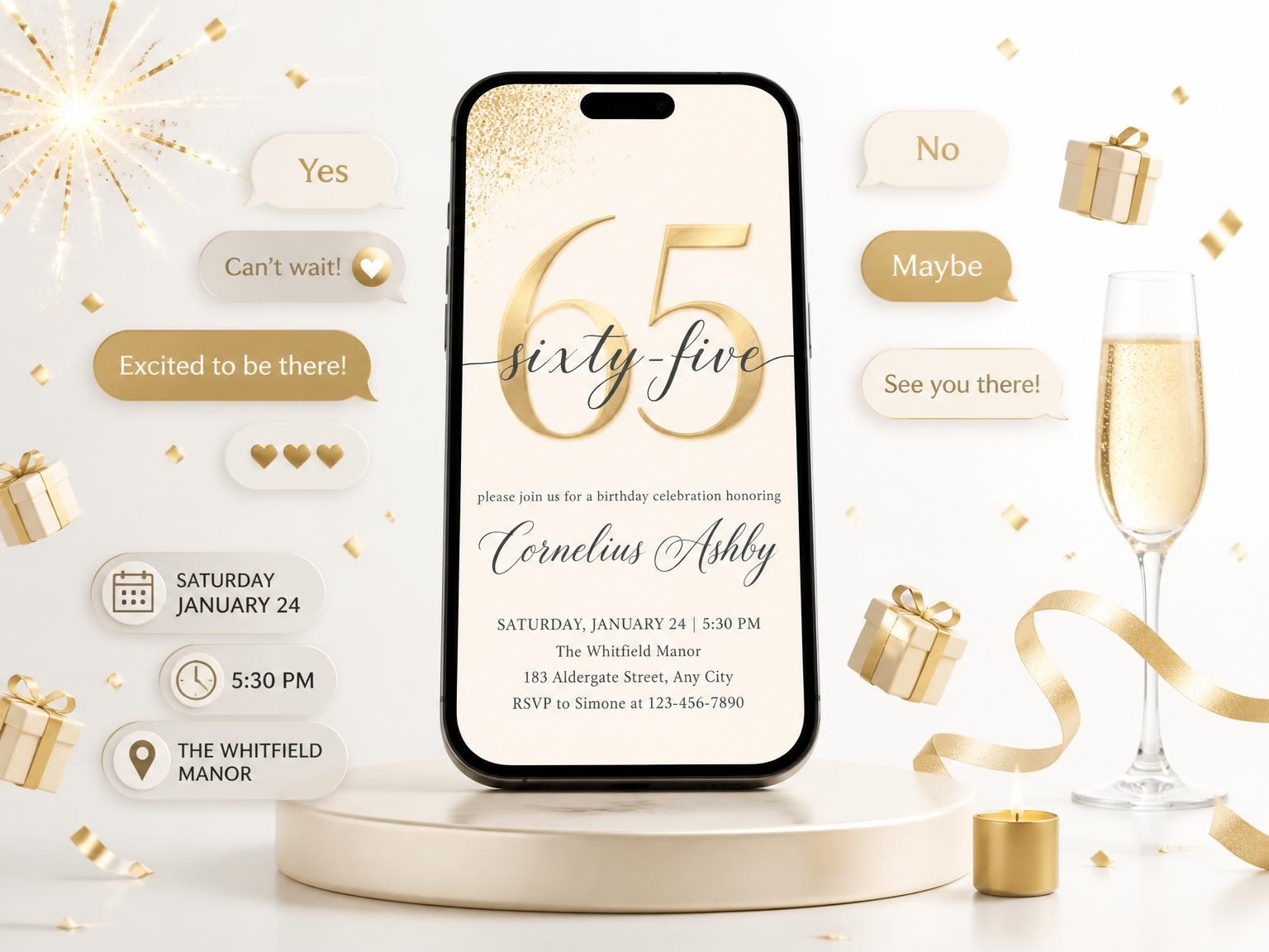 The Gold Foil Minimalist 65th Birthday invitation on a phone, with guest RSVPs arriving around it